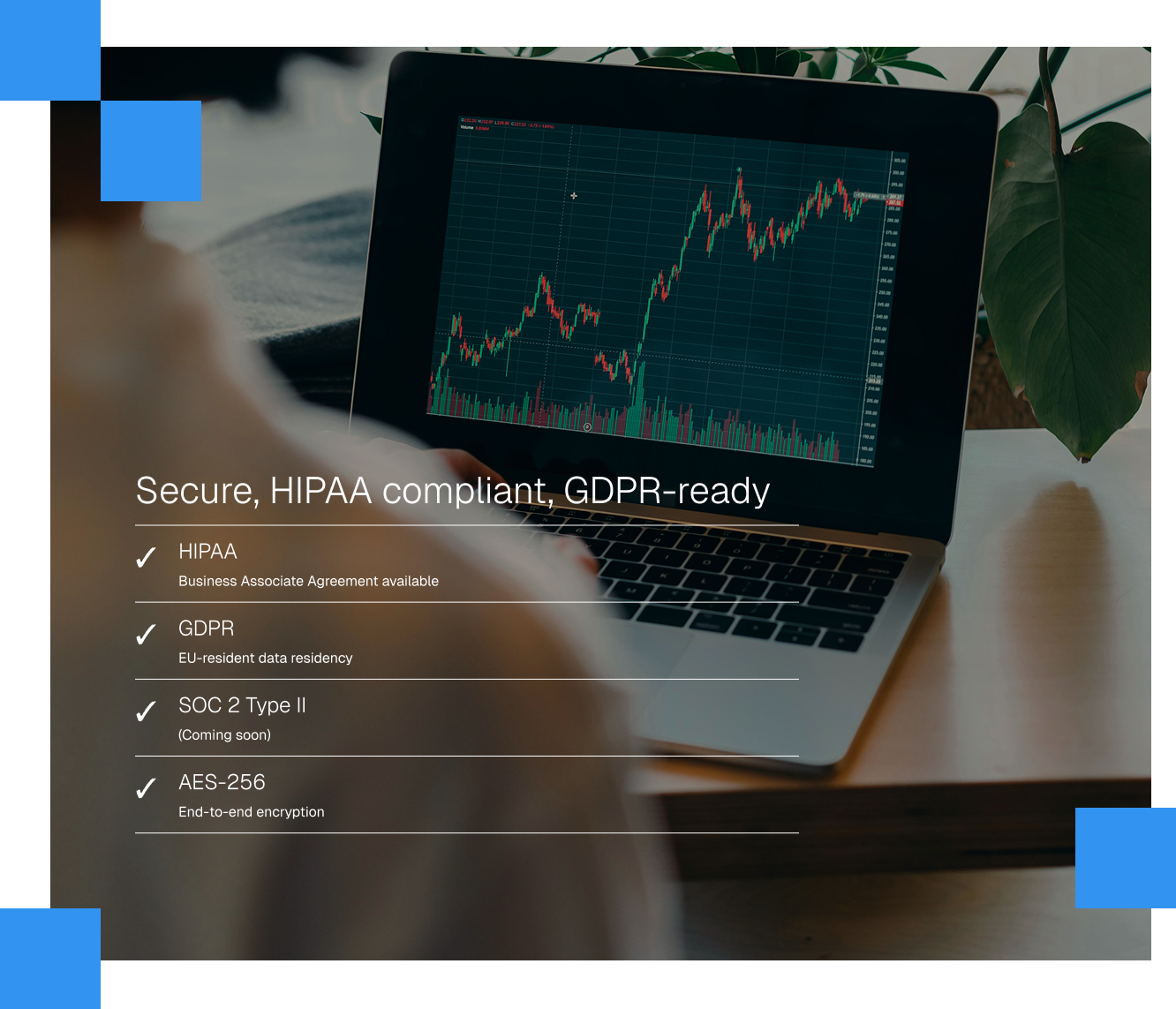 Privacy and security overview — UI mock showing HIPAA, GDPR, SOC 2, and AES-256 compliance with the encryption flow from device to clinic